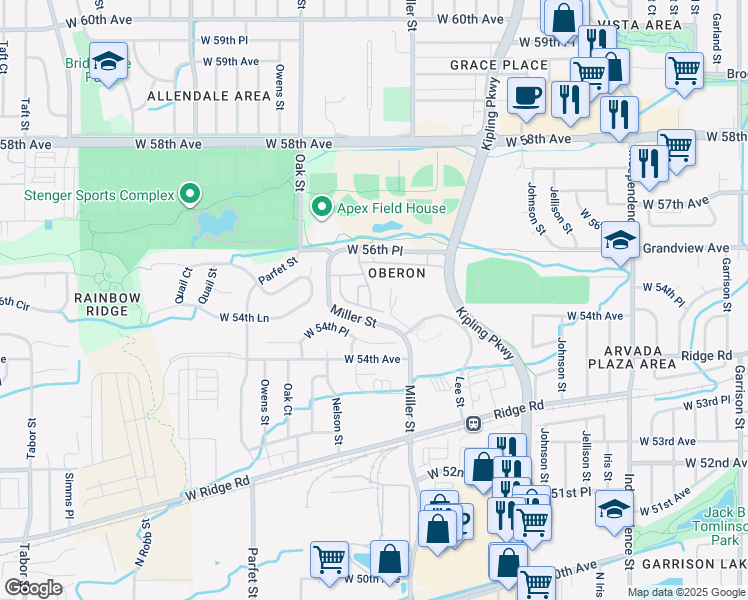 map of restaurants, bars, coffee shops, grocery stores, and more near 10280 West 55th Lane in Arvada