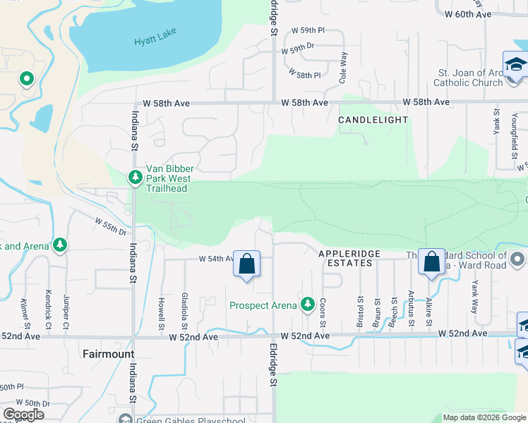 map of restaurants, bars, coffee shops, grocery stores, and more near 5495 Eldridge Street in Arvada