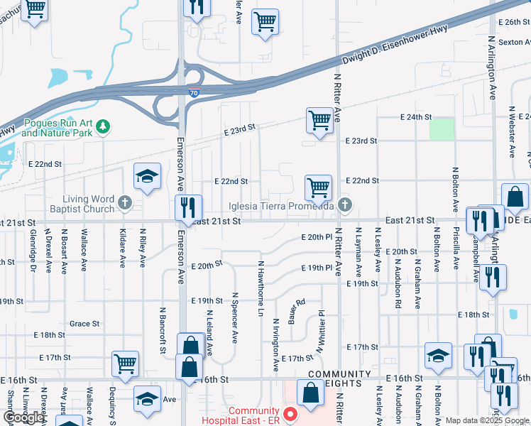 map of restaurants, bars, coffee shops, grocery stores, and more near 5238 East 21st Street in Indianapolis