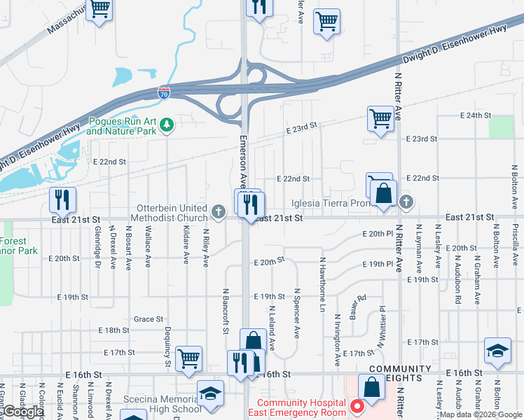 map of restaurants, bars, coffee shops, grocery stores, and more near 5134 East 21st Street in Indianapolis