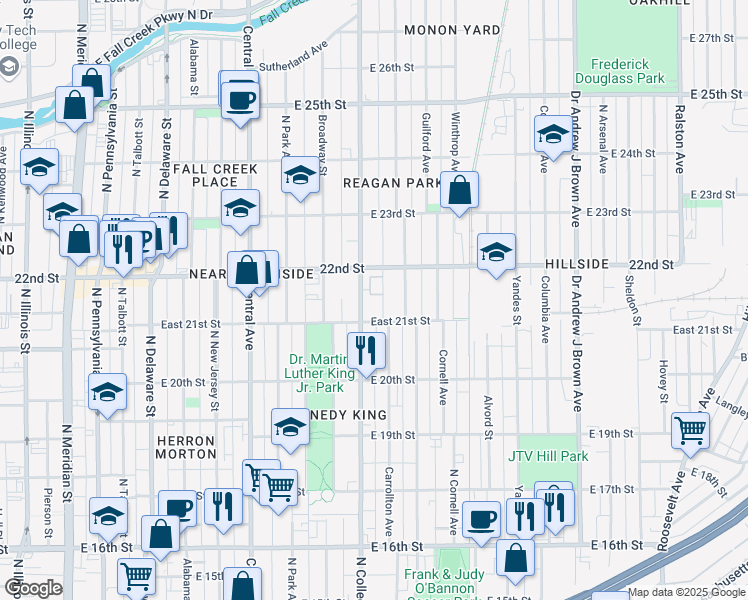 map of restaurants, bars, coffee shops, grocery stores, and more near 2120 Carrollton Avenue in Indianapolis