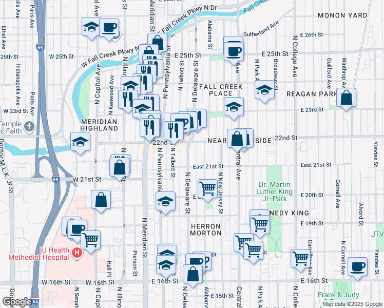 map of restaurants, bars, coffee shops, grocery stores, and more near 2130 North Delaware Street in Indianapolis