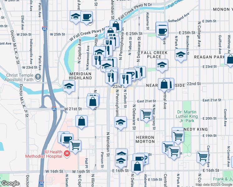 map of restaurants, bars, coffee shops, grocery stores, and more near 2143 North Talbott Street in Indianapolis