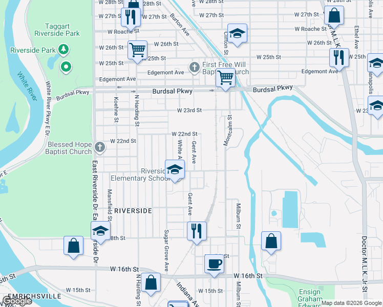 map of restaurants, bars, coffee shops, grocery stores, and more near 2141 Gent Avenue in Indianapolis