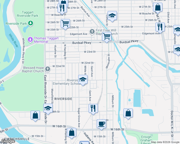 map of restaurants, bars, coffee shops, grocery stores, and more near 2141 Gent Avenue in Indianapolis
