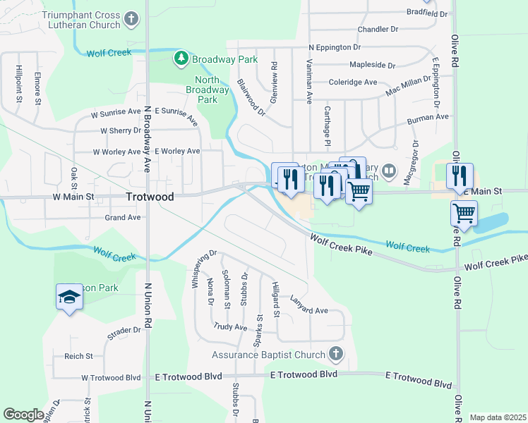map of restaurants, bars, coffee shops, grocery stores, and more near 6608 Wolf Creek Pike in Dayton