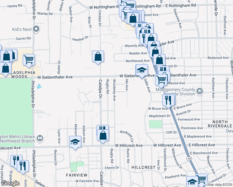 map of restaurants, bars, coffee shops, grocery stores, and more near 2828 Woodway Avenue in Dayton