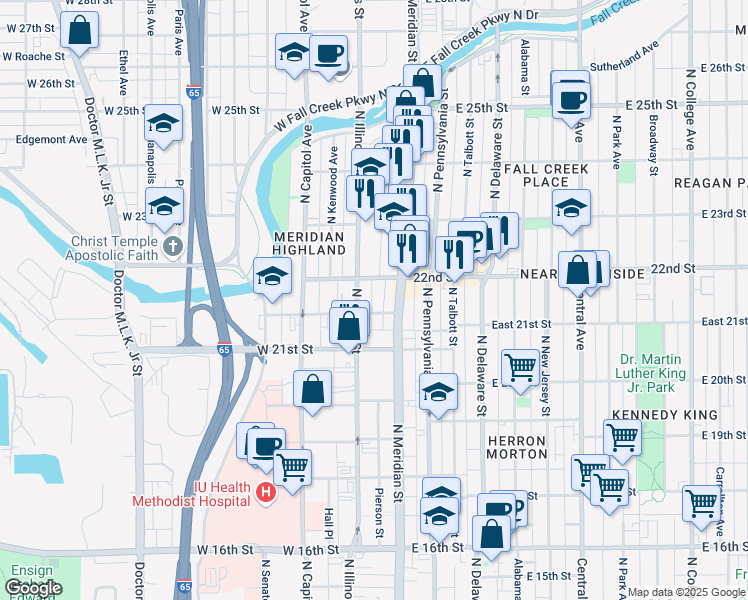 map of restaurants, bars, coffee shops, grocery stores, and more near 2151 North Pierson Street in Indianapolis