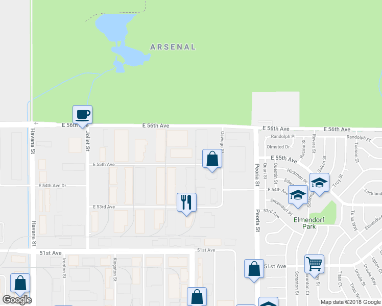 map of restaurants, bars, coffee shops, grocery stores, and more near 11685 East 55th Avenue in Denver
