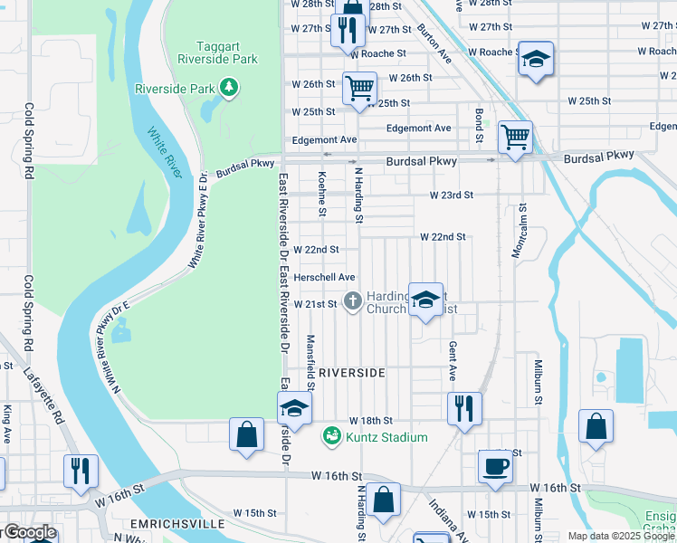map of restaurants, bars, coffee shops, grocery stores, and more near 1426 Herschell Avenue in Indianapolis