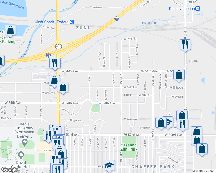 map of restaurants, bars, coffee shops, grocery stores, and more near 2537 West 55th Avenue in Denver