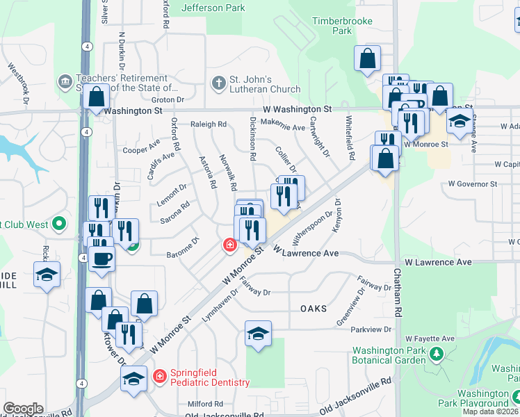 map of restaurants, bars, coffee shops, grocery stores, and more near 310 Dickinson Road in Springfield