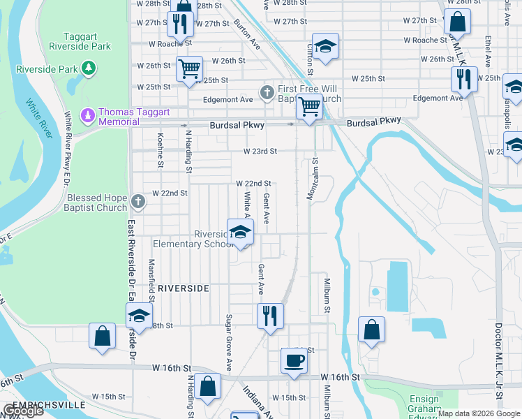 map of restaurants, bars, coffee shops, grocery stores, and more near 2141 Gent Avenue in Indianapolis