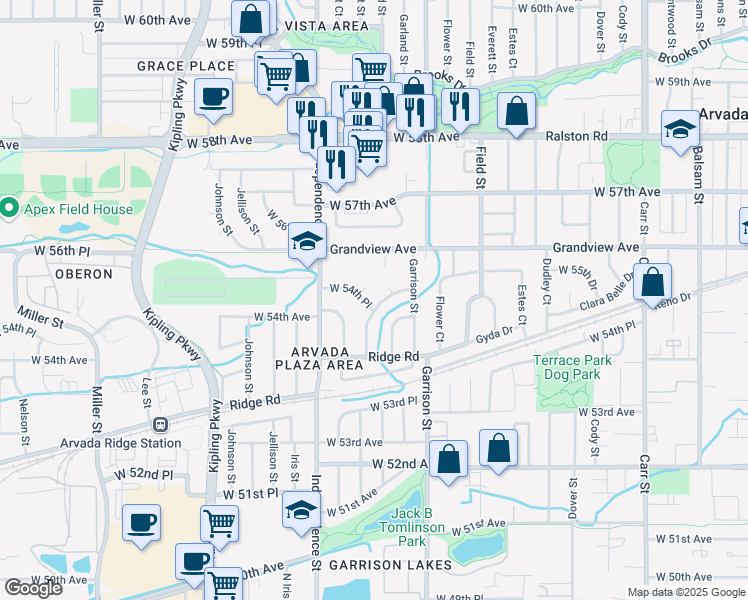 map of restaurants, bars, coffee shops, grocery stores, and more near 9405 West 54th Place in Arvada