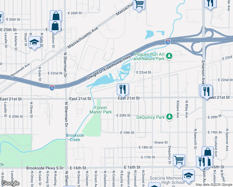 map of restaurants, bars, coffee shops, grocery stores, and more near 4314 East 21st Street in Indianapolis