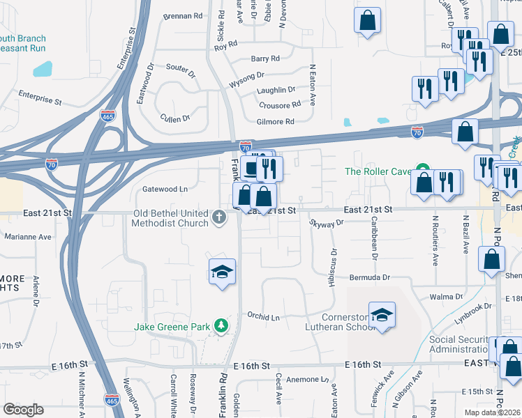 map of restaurants, bars, coffee shops, grocery stores, and more near 8140 East 21st Street in Indianapolis
