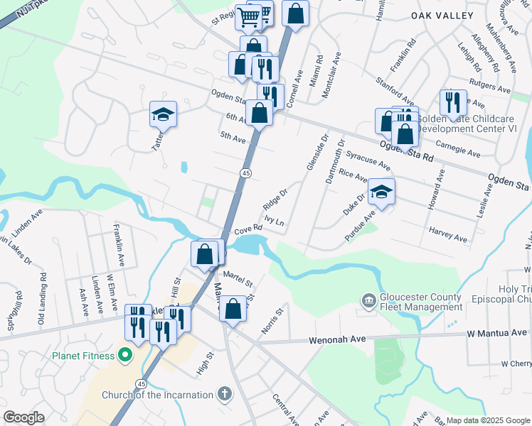map of restaurants, bars, coffee shops, grocery stores, and more near 117 Ivy Lane in Mantua Township