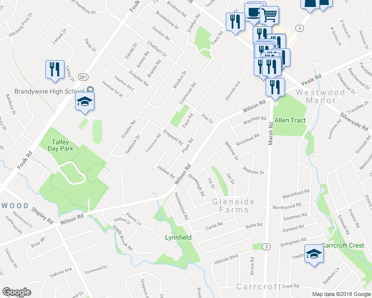 map of restaurants, bars, coffee shops, grocery stores, and more near 1080 Piper Road in Wilmington