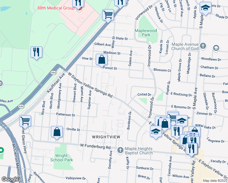 map of restaurants, bars, coffee shops, grocery stores, and more near 251 West Dayton-Yellow Springs Road in Fairborn