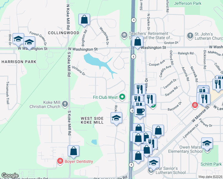 map of restaurants, bars, coffee shops, grocery stores, and more near 2820 Brandywine Road in Springfield