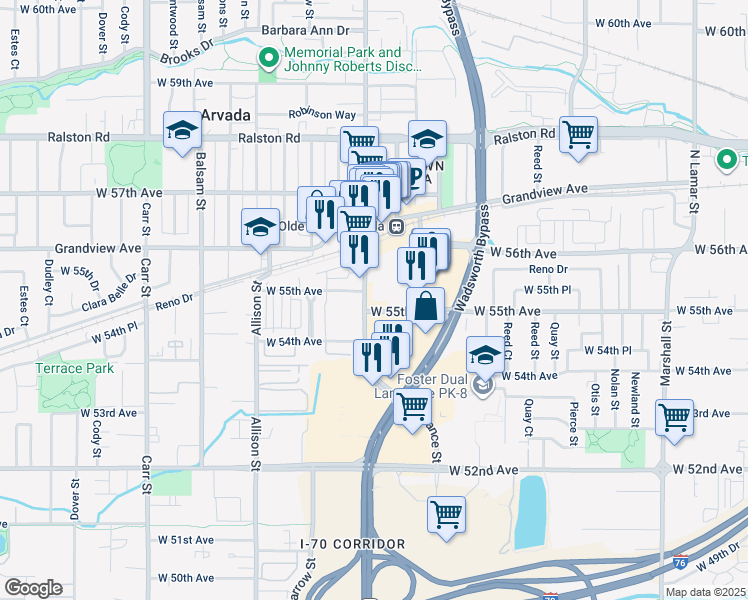 map of restaurants, bars, coffee shops, grocery stores, and more near 7560 West 55th Avenue in Arvada