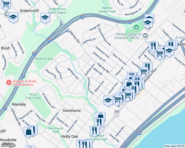map of restaurants, bars, coffee shops, grocery stores, and more near 2605 Madison Avenue in Claymont