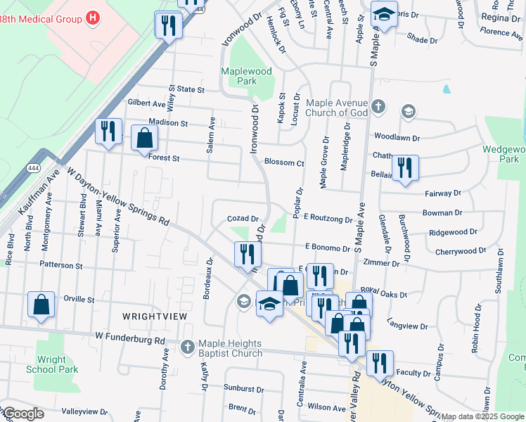 map of restaurants, bars, coffee shops, grocery stores, and more near 113 Cozad Drive in Fairborn