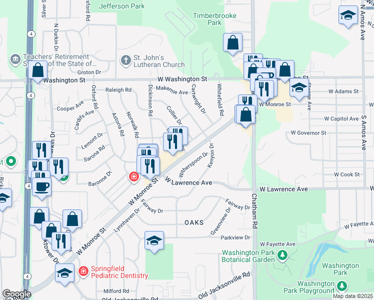 map of restaurants, bars, coffee shops, grocery stores, and more near 2251 West Monroe Street in Springfield