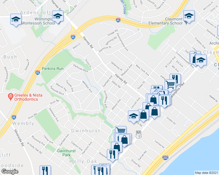 map of restaurants, bars, coffee shops, grocery stores, and more near 2605 Madison Avenue in Claymont