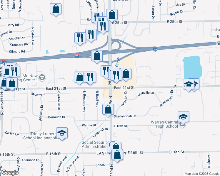 map of restaurants, bars, coffee shops, grocery stores, and more near E 21st St & N Post Rd in Indianapolis