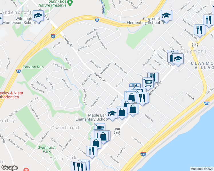 map of restaurants, bars, coffee shops, grocery stores, and more near 500 Harvey Road in Claymont