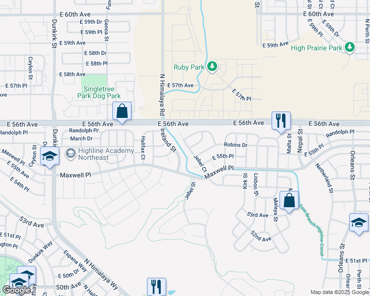 map of restaurants, bars, coffee shops, grocery stores, and more near 5567 Jebel Court in Denver