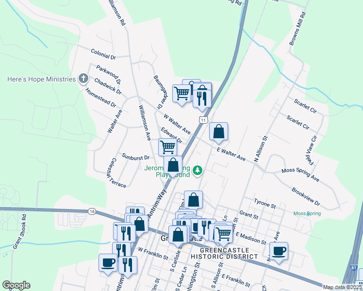 map of restaurants, bars, coffee shops, grocery stores, and more near 12 Edward Drive in Greencastle