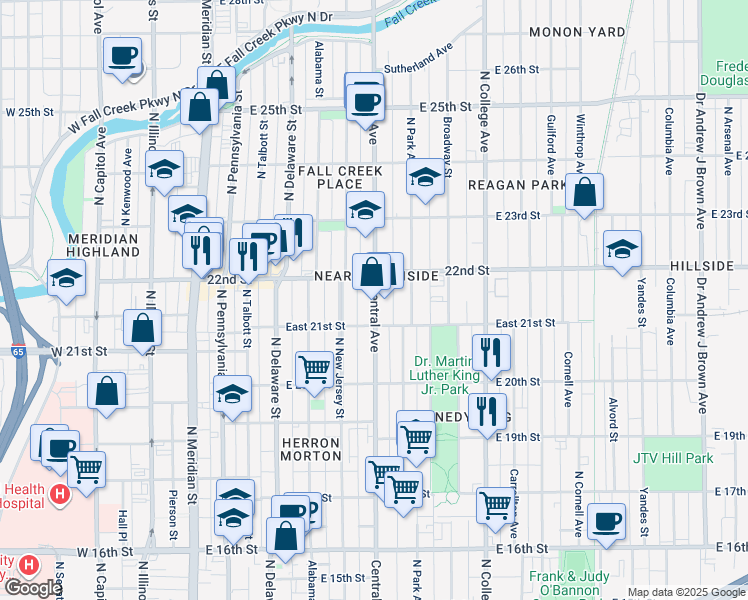 map of restaurants, bars, coffee shops, grocery stores, and more near 2136 Central Avenue in Indianapolis