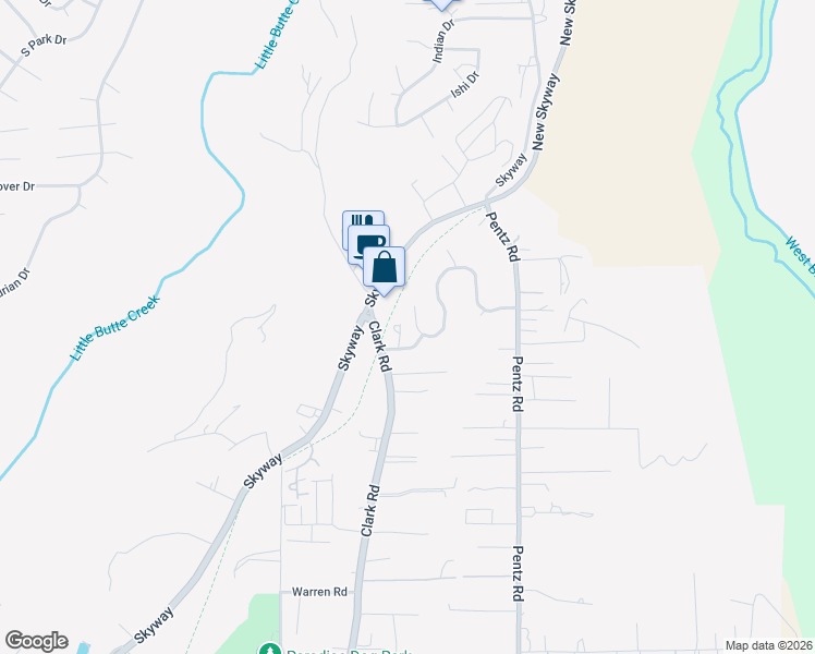 map of restaurants, bars, coffee shops, grocery stores, and more near 1554 Gate Lane in Paradise