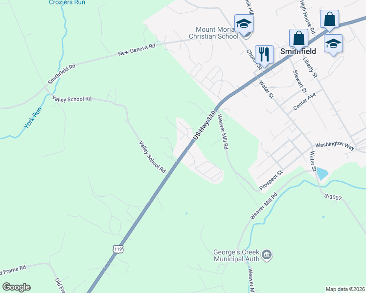 map of restaurants, bars, coffee shops, grocery stores, and more near 3542 Morgantown Rd in Smithfield