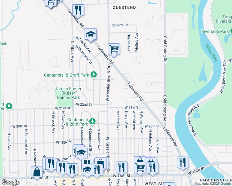 map of restaurants, bars, coffee shops, grocery stores, and more near 2121 Medford Avenue in Indianapolis