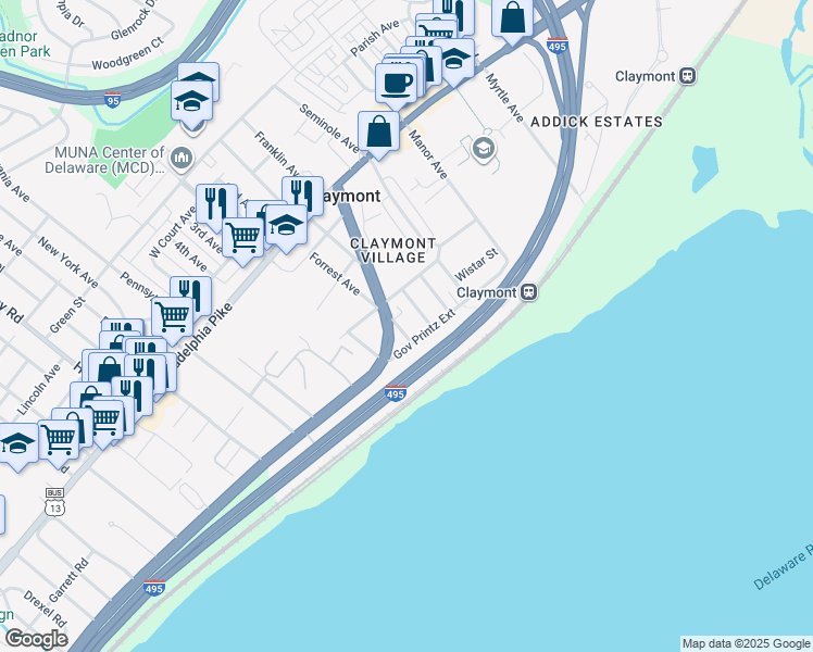 map of restaurants, bars, coffee shops, grocery stores, and more near 317 Forrest Avenue in Claymont