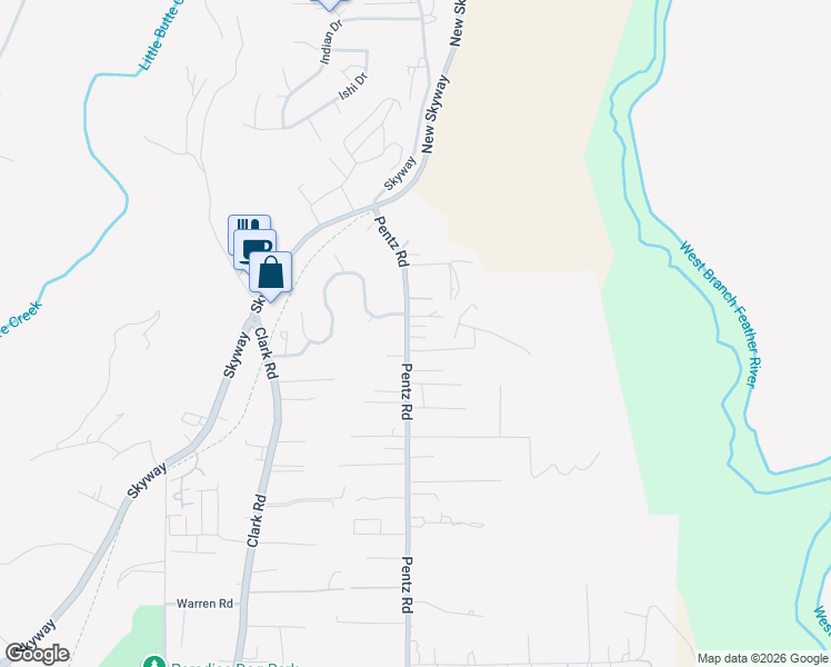 map of restaurants, bars, coffee shops, grocery stores, and more near 7226 Pentz Road in Paradise