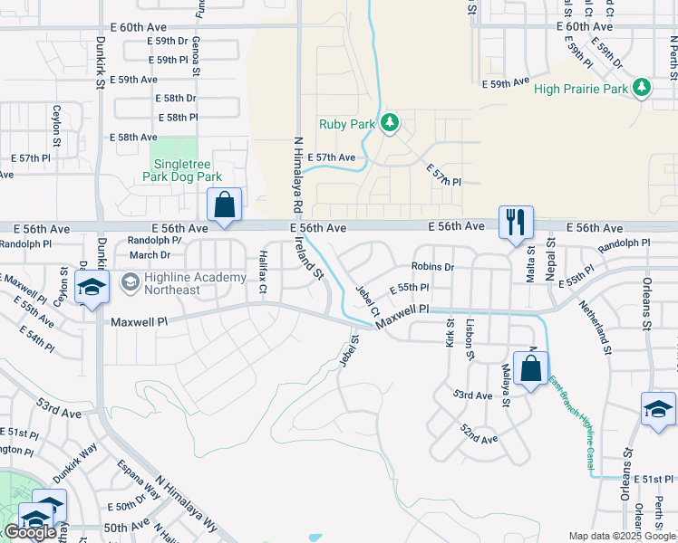 map of restaurants, bars, coffee shops, grocery stores, and more near 5567 Jebel Court in Denver