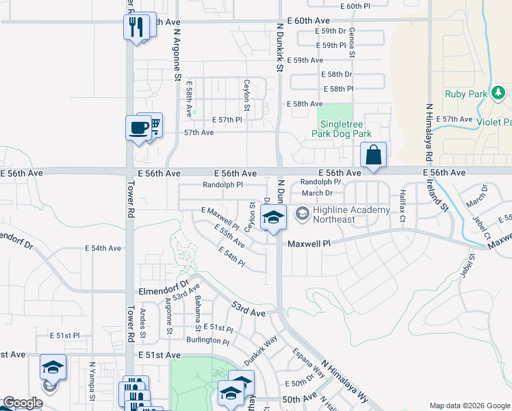 map of restaurants, bars, coffee shops, grocery stores, and more near 5563 Ceylon Street in Denver