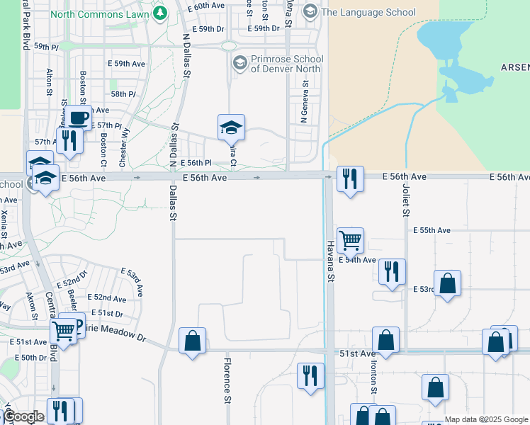 map of restaurants, bars, coffee shops, grocery stores, and more near 9028-9126 East 56th Avenue in Denver