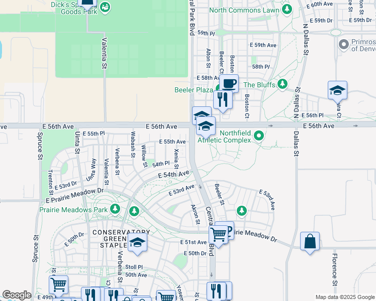 map of restaurants, bars, coffee shops, grocery stores, and more near 5451 Central Park Boulevard in Denver