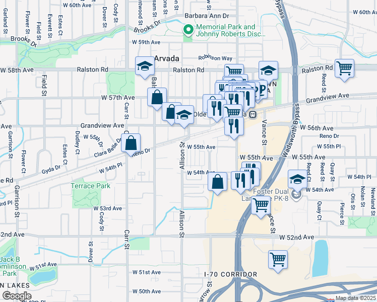 map of restaurants, bars, coffee shops, grocery stores, and more near 5467 Zephyr Court in Arvada