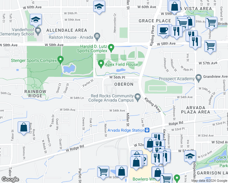 map of restaurants, bars, coffee shops, grocery stores, and more near 10330 West 55th Lane in Arvada
