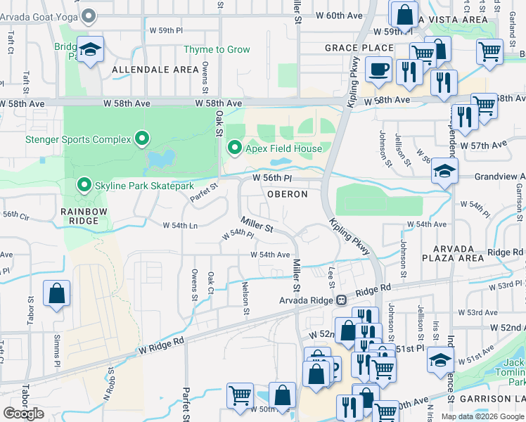 map of restaurants, bars, coffee shops, grocery stores, and more near 10330 West 55th Lane in Arvada