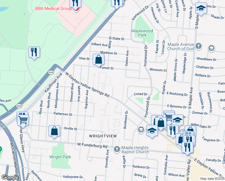 map of restaurants, bars, coffee shops, grocery stores, and more near 251 West Dayton-Yellow Springs Road in Fairborn