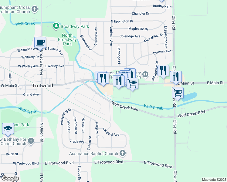 map of restaurants, bars, coffee shops, grocery stores, and more near 702 East Main Street in Dayton