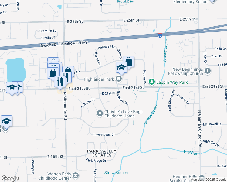 map of restaurants, bars, coffee shops, grocery stores, and more near 2033 Rockford Road in Indianapolis