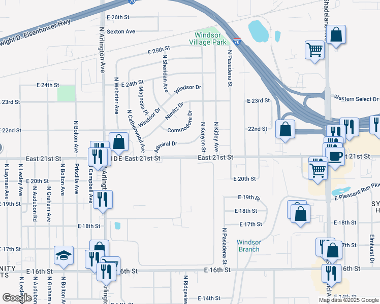 map of restaurants, bars, coffee shops, grocery stores, and more near 6244 East 21st Street in Indianapolis